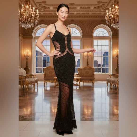 Elegant hand, beaded Attitudes by Debra metallic Black Evening Gown